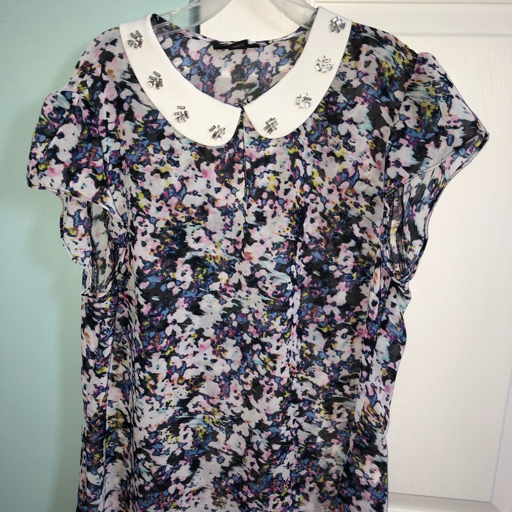 Floral Blouse with Jeweled Collar
